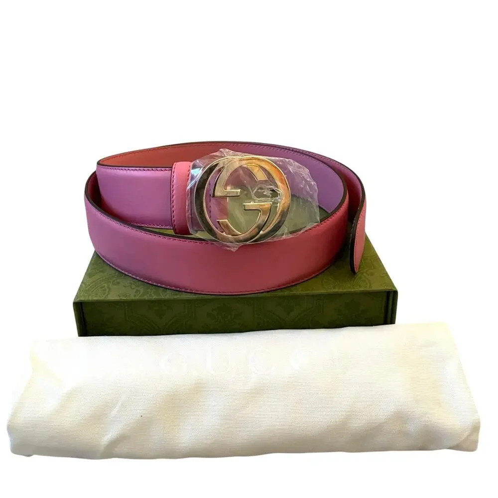 NEW Gucci Leather Interlocking G Buckle Belt Glossy Pink Gold Size 90/35